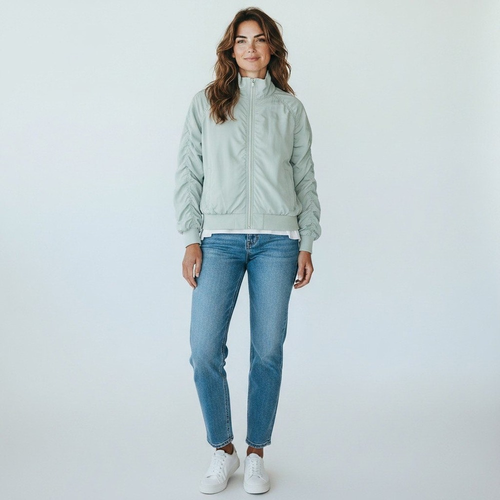 Athleta Womens Ruched Full Zip Jet Set Bomber Jacket Light Blue Grey  Large